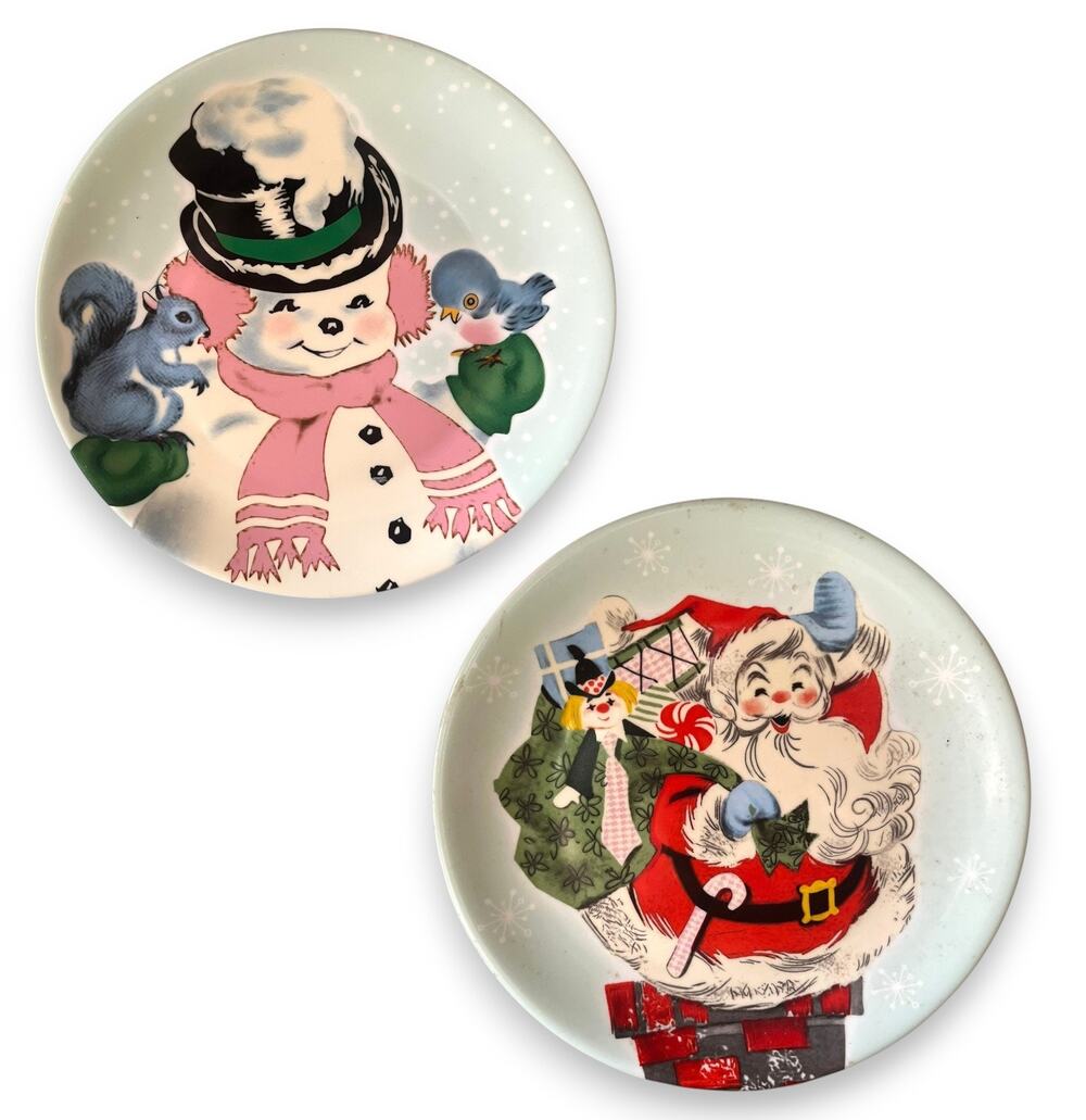 Mr. Christmas Retro Shabby Chic Style Santa & Snowman Ceramic Plate ( Lot of 2)